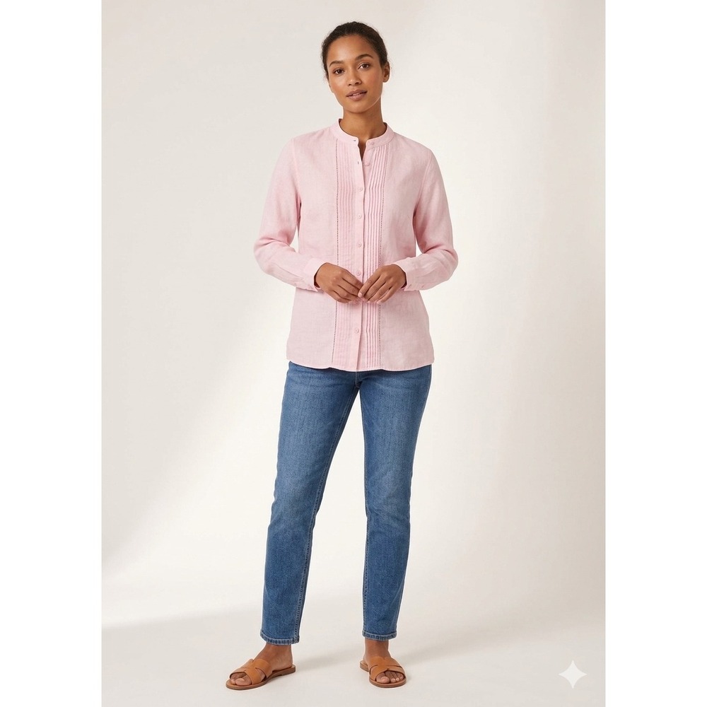 L.L.Bean Linen Pintuck Blouse Womens S Pink Band Collar Tunic Coastal Resort